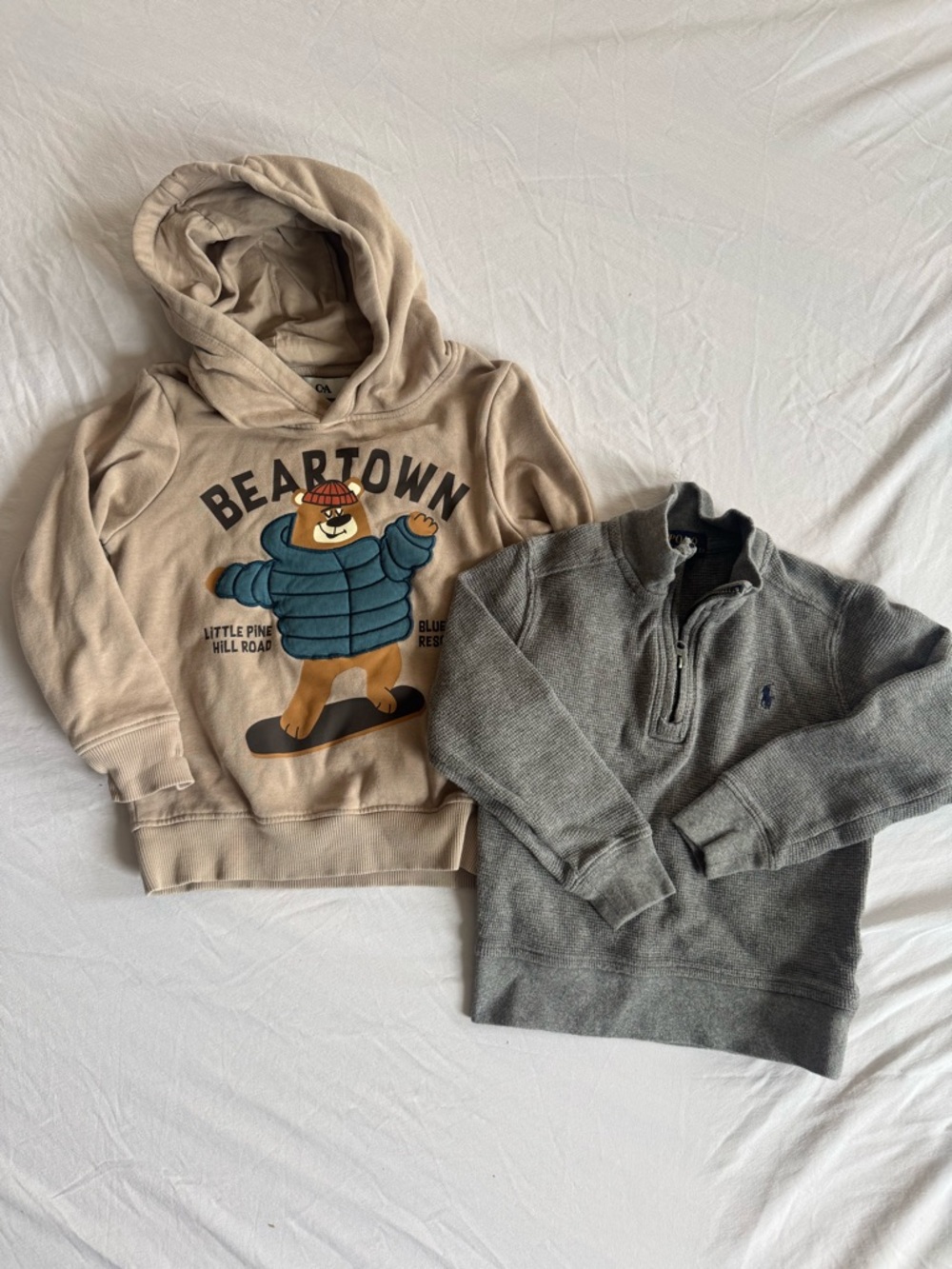 Beartown Beige Kids Hoodie with Snowboard Bear Graphic